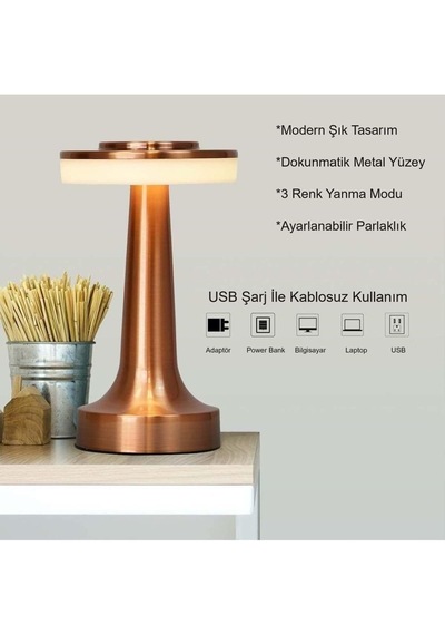 Retro Şarjlı Dekoratif Dokunmatik Metal Masa Lambası 3 Renk Mod Dim Edilebilir Diğer