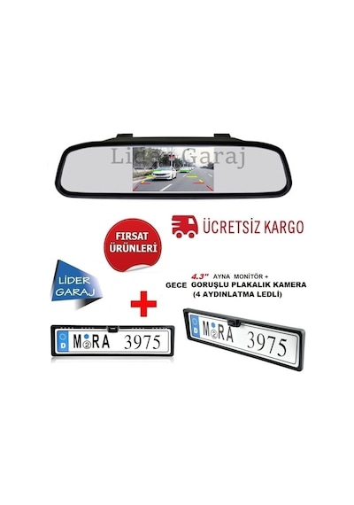 lidergaraj Kameralı Park Sensörü 4.3'' Ayna Ekran+Plakalık Kamera