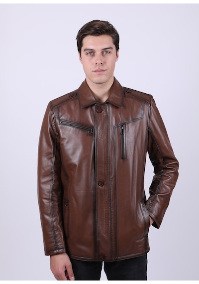 New Zaya Leather Erkek Açık Kahverengi Hakiki Deri Deri Mont Açık Kahverengi