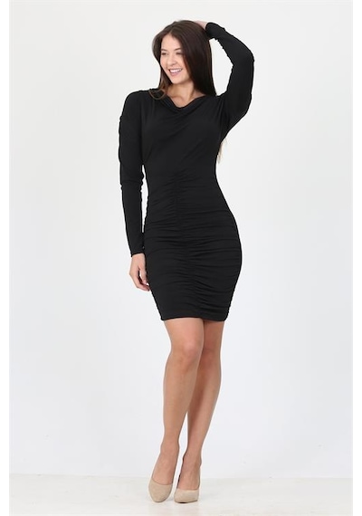 Neşeli Butik Kadın Siyah Yeni Sezon Önü Büzgülü Mini Elbise Shnz26 Siyah