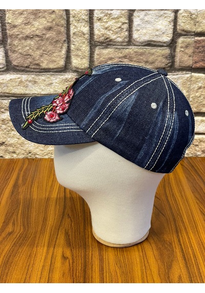 Hamze Jean Kot Denim İndigo Kumaş Taşlı Gül Desenli Beyzbol Cap Şapka Koyu İndigo