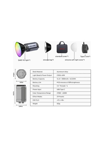 Photoolex Q40c 40w App Kontrollü Rgb Taşınabilir Cob Video Işığı - Ls-199pl