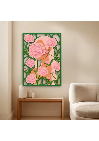 Pembe Karanfilli Kadın Portresi - Metal Tablo - Dec0355 91 X 125 Cm Çok Renkli