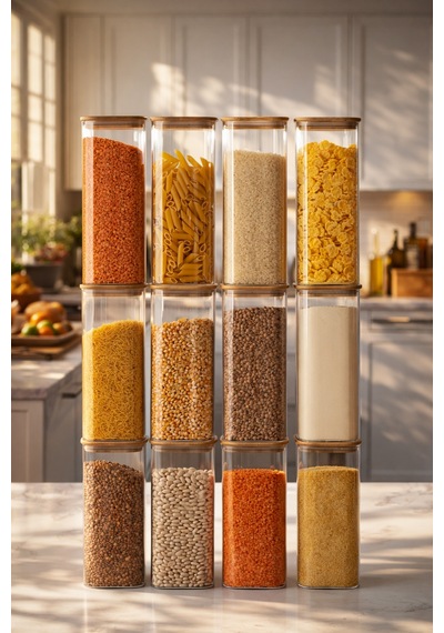 Porsima 7-4 Bambu Vakumlu Kapaklı Kare Borsilikat Cam 12li Kavanoz Seti Saklama Kabı 1900ml 9,5x27cm