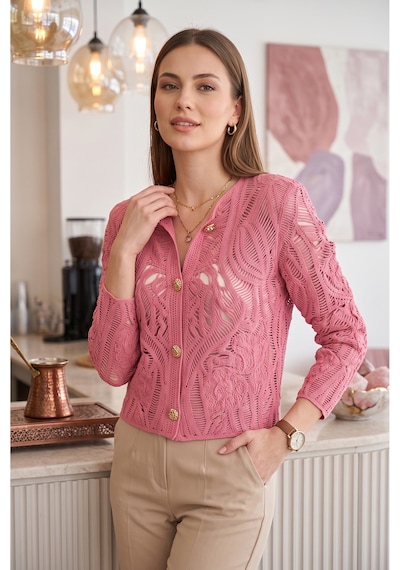 Sayzen Your Shine Dantel Desenli Gold Düğmeli Basic Ceket Gül