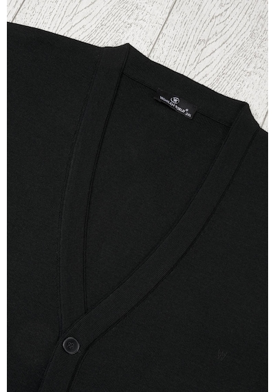 Woolen World Ön Cepli V Yaka Battal Büyük Boy Düğmeli Yünlü Triko Hırka Siyah
