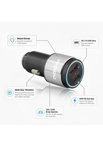 Nodar 45w Araç Şarj Adaptörü Usb/type-c Pd/qc 3.0 Destekli Metal 45w Pd Charger
