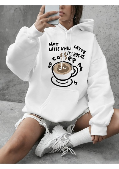 Startmore Startmoresıcak Latte Kedi Baskılı Sweatshirtler Kadınlar İçin Günlük Bol Kapüşonlu Üstler Kışlık Polar Beyaz