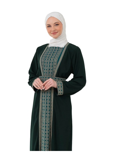 Zaytoon Nakışlı İç Elbiseli Ve Kemerli İki Parçalı Filistin Mirası Abaya Seti Yeşil