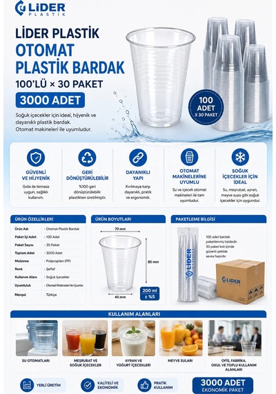 Ankara Lider Plastik Bardak-otomat 100 Lü 30 Paket 3000 Adet