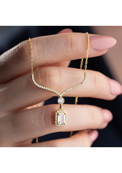 Vaoov 925 Ayar Gümüş Baget Taşlı Gold Sallantılı Hediye Kolye Altın