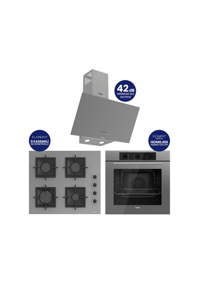 Flowart Turbolu Silenart QBL62CPR+SC208-FA+D088SA Gri Kaymaz Döküm Izgaralı Cam Ankastre Set
