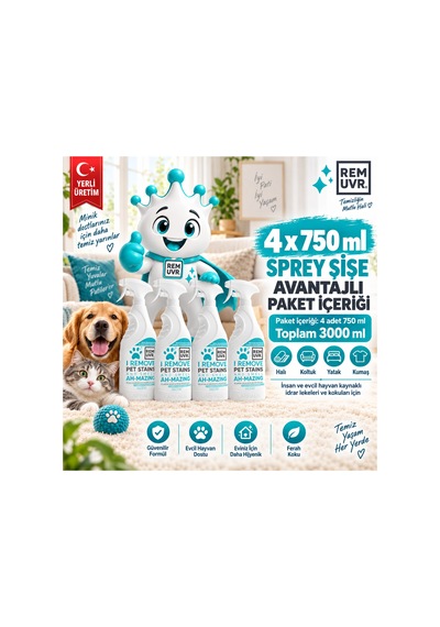 Enzimli İdrar Lekesi Ve Koku Giderici Sprey 750 Ml X 4 Adet 3 Litre Tasarruf Paketi