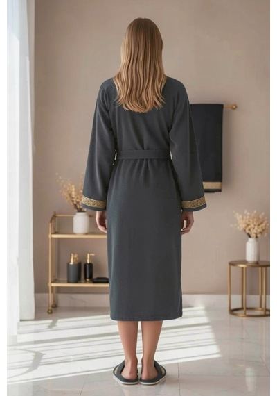 Premium %100 Pamuk Unisex Şalyaka Cepli Bornoz Seti 4 Parça Havlu Terlik Takımı Gri Gri
