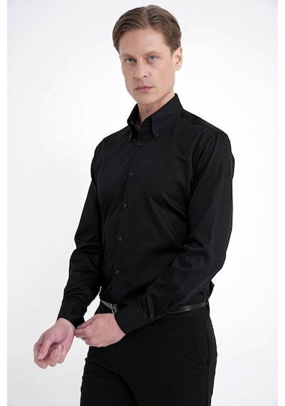 Slim Fit Düğmeli Yüksek Yaka %100 Pamuk Saten Düz Siyah Gömlek Gk 760