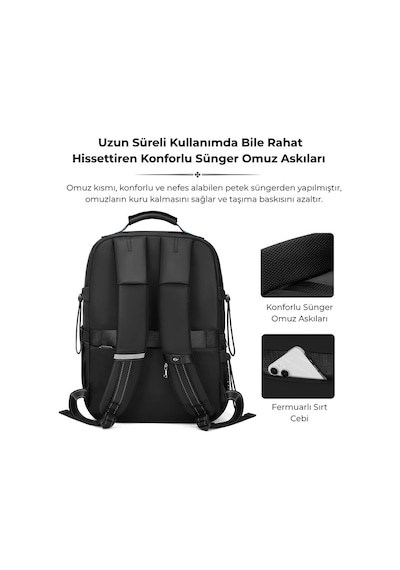 Su Geçirmez Seyahat Sırt Çantası - 17" İnç Laptop Bölmeli - Kuru Islak Ayırma Bölgesi - Ortopedik Siyah