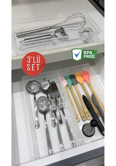 3 Adet Bade Xl Çekmece İçi Bıçaklık & Kaşıklık Organizer - Kepçe Spatula Düzenleyici Kutu Şeffaf