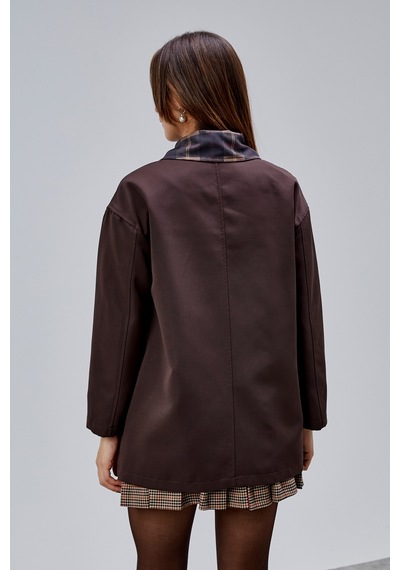 Mia Acı Kahve Ekose Yaka Cepli Oversize Trençkot Kahverengi