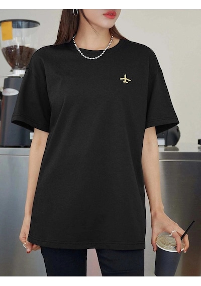 Startmore Kadın Siyah Airplane Baskılı Oversize T-shirt Siyah