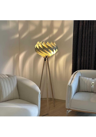 Ahşap Tripod Lambader, Modern Dekoratif Salon Lambası, Krem Renk 3 Ayaklı Ayaklı Lamba, Oturma Odası Yatak Odası K Çok Renkli