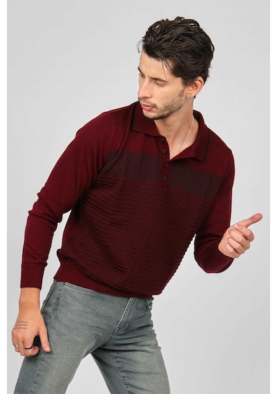 Desen Triko Erkek Desenli Polo Yaka Yün Kazak 0249642 Bordo