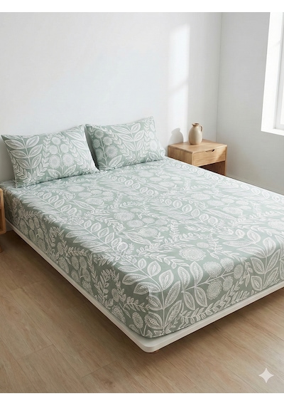 Maki Home %100 Pamuklu Çiçek Desenli 160x200+2 50x70 Çift Kişilik Lastikli Çarşaf Ve Yastık Kılıfı Yeşil