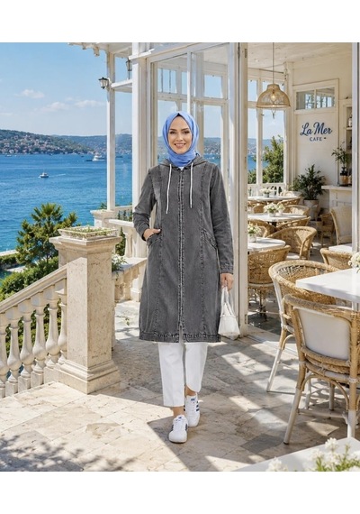 Hb Harma Time Butik Kadın Kapüşonlu Cepli Fermuarlı Gri Kot Kap