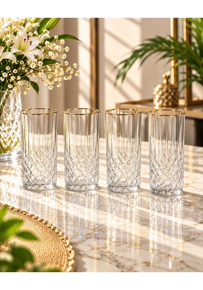 4lü Gold Line Kristal Desenli Uzun Meşrubat Bardak-7942 Şeffaf