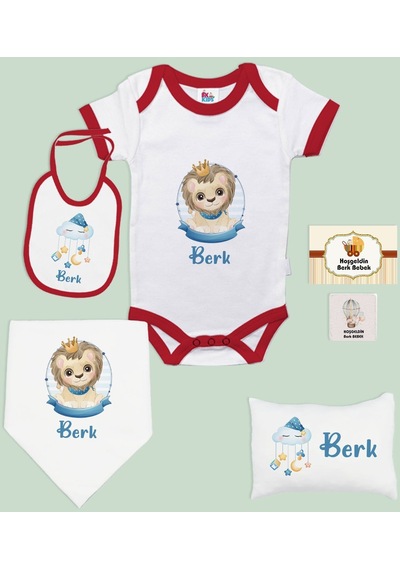 Bk Kids Kişiye Özel İsimli 6 Parça Kırmızı Bebek Body Zıbın Battaniye Ve Yastık Hediye Seti, Yeni Doğan Bebek Giyim Hediyesi-5
