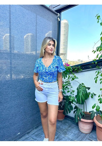 Mavi Yaprak Desenli Düğmeli Kadın Crop Bluz Mavi