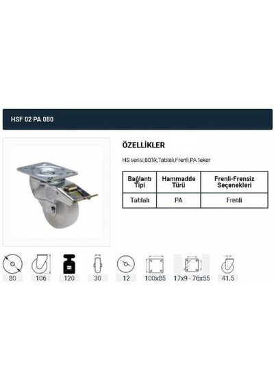 Frenli Dönerli Tablalı Servis Tekeri Polyemid 80 Mm Uygur 2 Ad