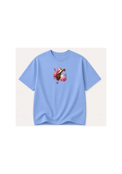 Herkesemoda Güllü Kadın Temalı Baskılı Kadın Bisiklet Yaka Pamuklu T-shirt Açık Mavi