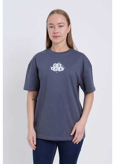 Velvoria Unisex Oversize Relaxed Get Ready Baskılı Antrasit Renk T-shirt