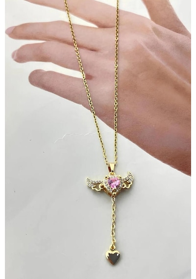 Hareketli Kanatlı Kalpli Pembe Taşlı Kadın Çelik Kolye Eck49s