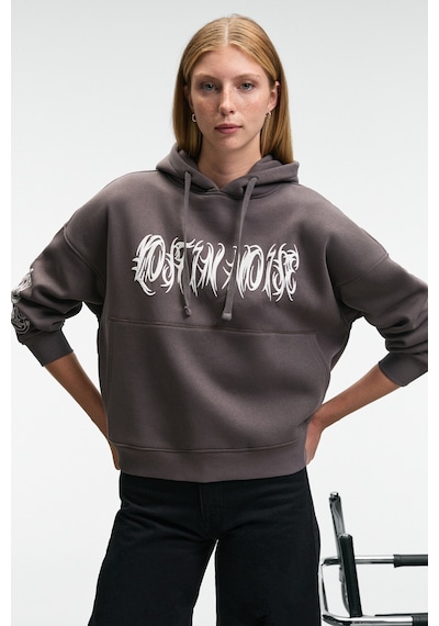 Grimelange ALIRAYNE Kadın Baskılı Oversize Kapüşonlu Kanguru Cep Antrasit Sweatshirt