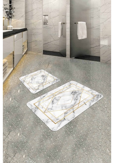 Beyaz Mermer Görünümlü Banyo Halısı Klozet Paspas Seti Bs345 Kırık Beyaz