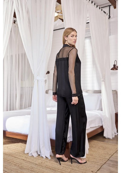 Monamise Kadın Dantelli Ve Tüllü Uzun Kollu Önü Düğmeli Pijama Takımı 18626 Siyah