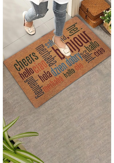 Valerine Life Farklı Dillerde Merhaba Yazılı Hoş Geldiniz Kapı Önü Paspası 45x70cm Kahverengi