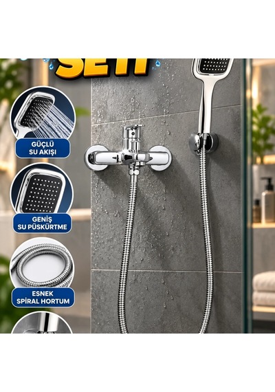 Siyah El Duşu Seti Esnek Spiral Hortum Ve Duvar Askılı Banyo Seti Çok Renkli