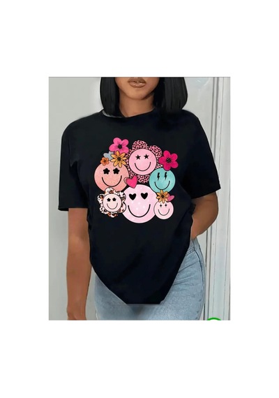 Medinenur Gülen Yüzler Baskılı Basic T-shirt Siyah