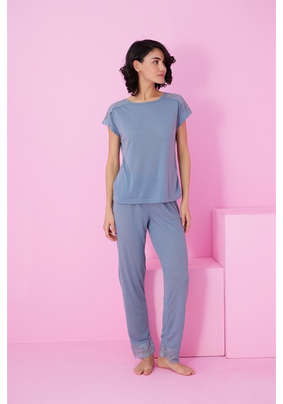 Siyah İnci Soft Touch İnce Mevsimlik Dantel Detaylı Örme Pijama Takım7864 İndigo