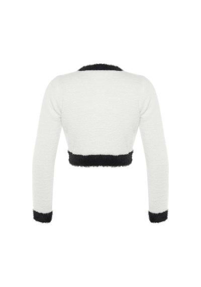 Ersefa Kadın Modern Tarz Slim Bisiklet Yaka Crop Triko Hırka Ekru