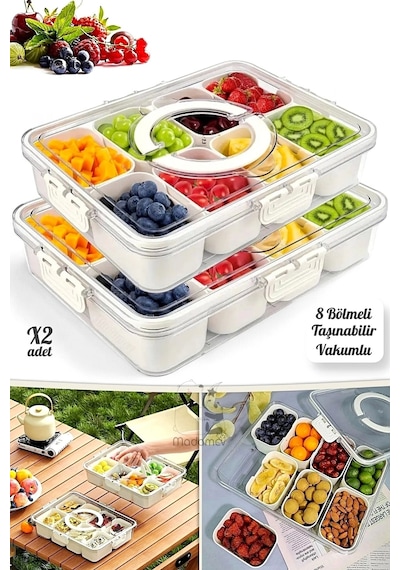 Tilbe Home 2li 8 Bölmeli Kahvaltı Takımı Kilit Kapaklı Taşınabilir Saklama Kabı Organizer Piknik Set Beyaz