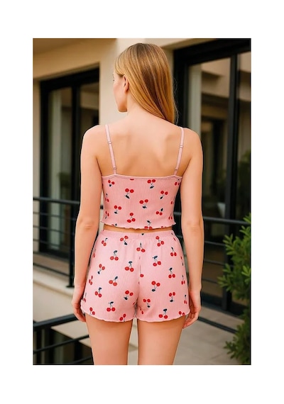 E-bulurum Kadın Pembe Kiraz Desenli Kurdelalı Askılı Şortlu Pijama Takımı