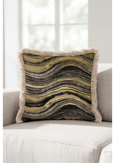 Mermer Motifli Soyut Saçaklı Yastık Kılıfı - Dalgalı Modern Gold Krem Püsküllü Kırlent Kılıfı Bej