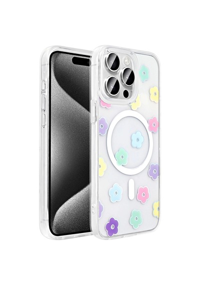 Apple Uyumlu iPad iPhone 15 Pro Max Kılıf M-safe Şarj Özellikli Şeffaf Zore Folk Sert Kapak Papatya
