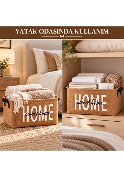 Harmony Home Sweet Home Doğal Jüt Düzenleyici Sepet Katlanabilir, Kulplu, Çok Amaçlı Saklama Kutusu 28 Diğer