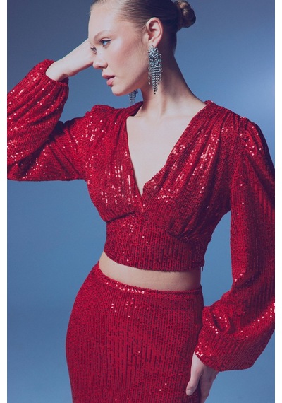 Sateen Kruvaze Payetli Crop Bluz - Kırmızı