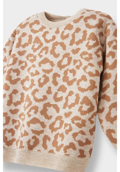Defacto Kız Bebek Bisiklet Yaka Leopar Desenli Kazak F2602a525wnbg744 Bej