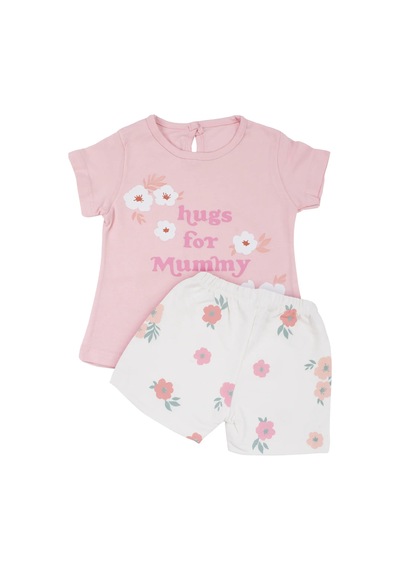 Bebegen Kız Bebek Ekru Pembe Hugs For Mommy Çiçek Baskılı Şortl 2'li Takım